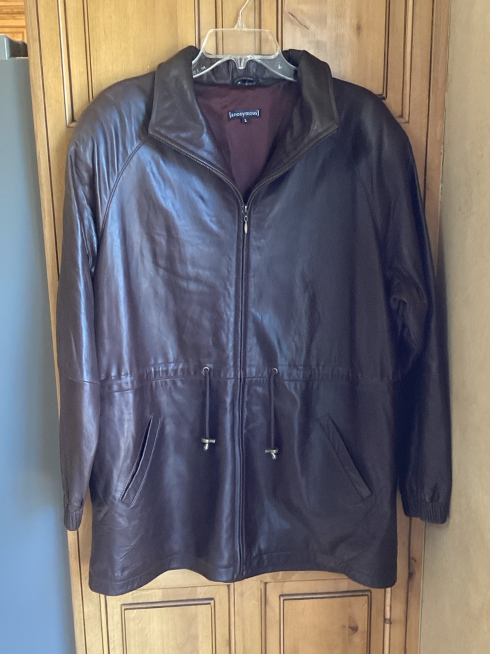 Brown Leather Zip-Front Jacket with Drawstring Waist